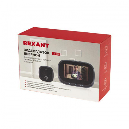 Видеоглазок дверной DV-115 с цветным LCD-дисплеем 4.3дюйм с функцией записи фото/видео по движ. встр. звонок ночн. реж. работы Rexant 45-1115